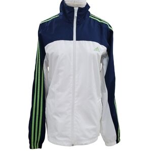 Adidas track jacket woman's size Large white navy blue green stripes mesh lined